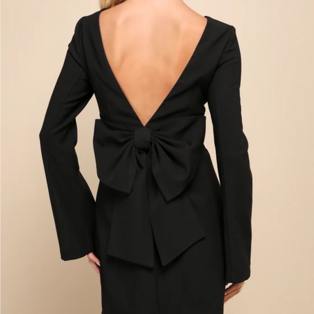 Lulus Elegant Cutie Black Bow Long Sleeve Backless Mini Dress - Size S